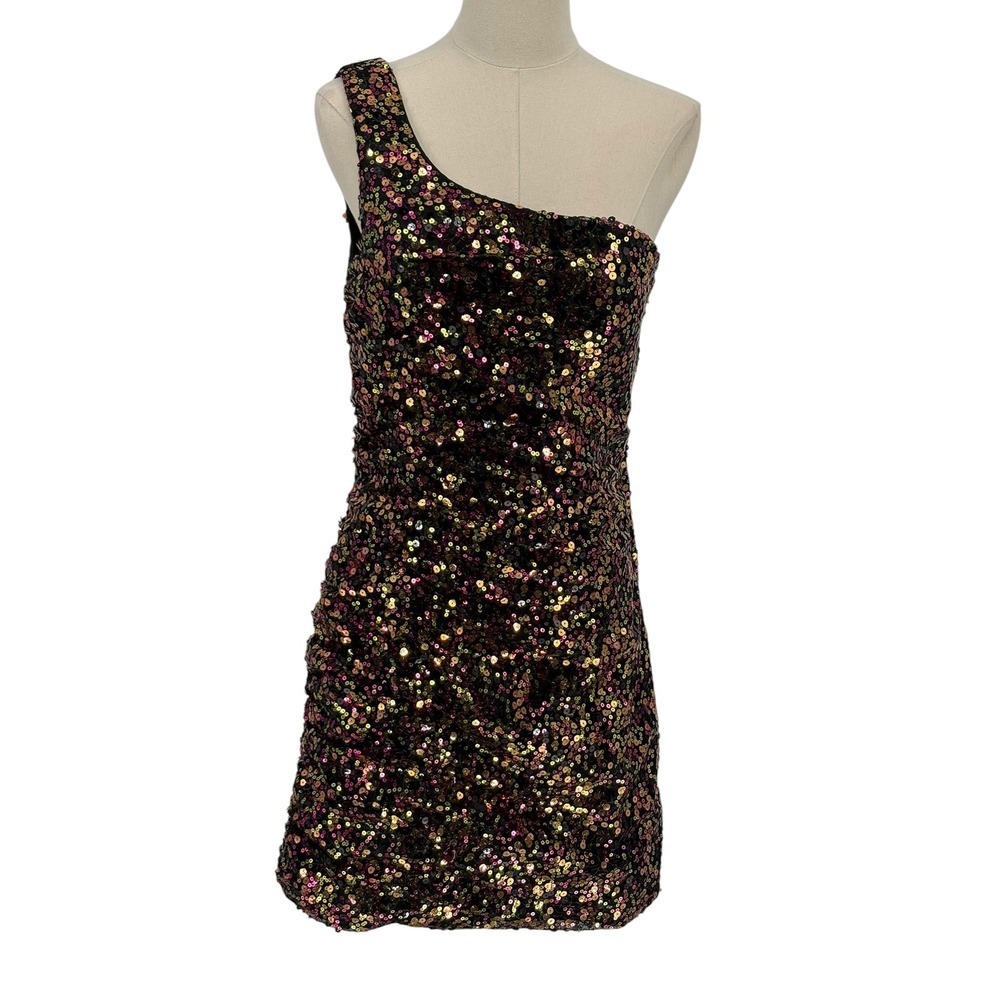 Precious Divas One Shoulder Sequin Mini Dress Multi Color Ruched Size 8